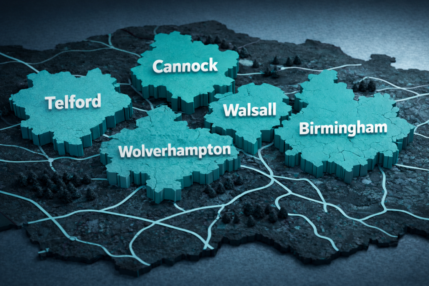 Maps showing Telford, Cannock, Walsall, Wolverhampton, and Birmingham locations.