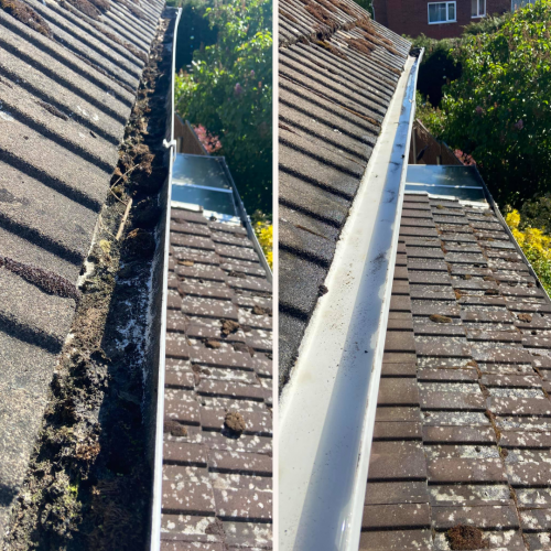 Before-and-after comparison of a clean and dirty gutter on a roof.