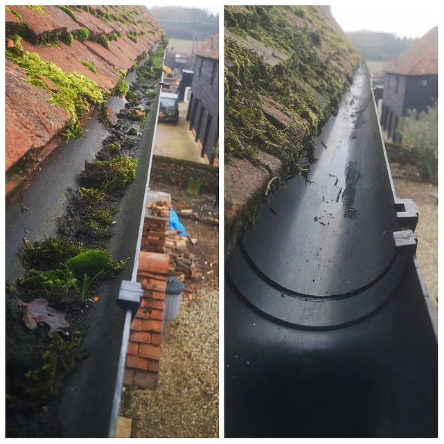 Two sections of a gutter, one overgrown with moss and debris, the other clear and clean.