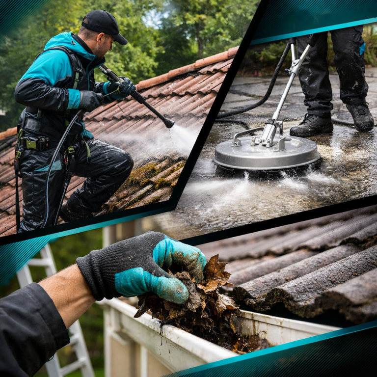 Man cleaning a roof with a pressure washer and removing leaves from a gutter.