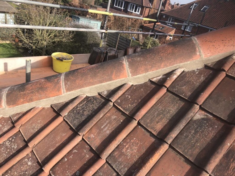Close-up of a tiled roof with a concrete ridge and surrounding greenery in the background.